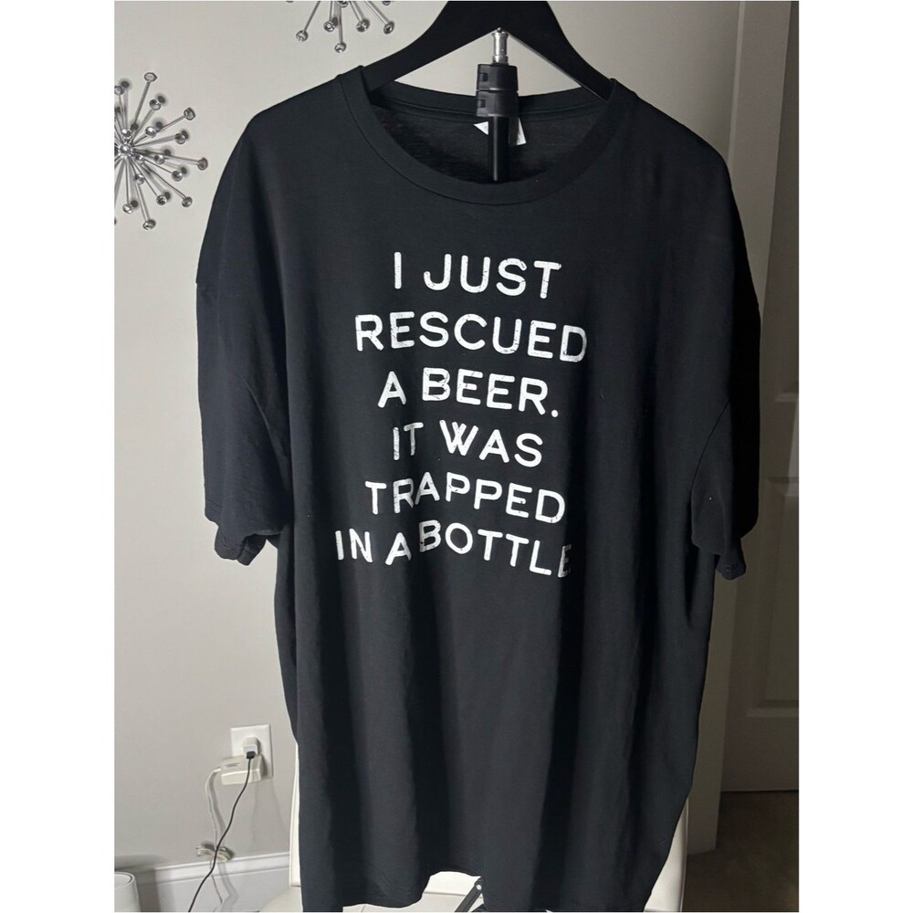 Black Graphic Tee with White Rescue Beer Slogan